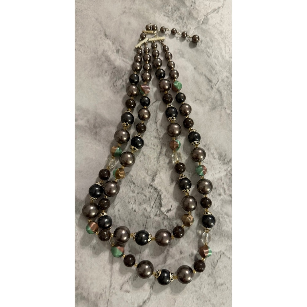 Vintage Japan Triple Strand Faux Pearl Necklace Bronze Green Filigree Clasp